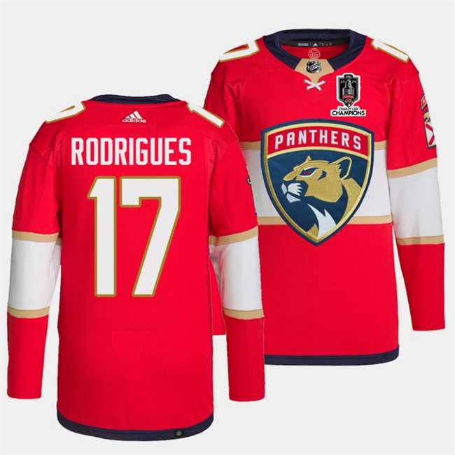 Men%27s Florida Panthers #17 Evan Rodrigues Red Home 2024 Stanley Cup Champions Stitched Jersey Dzhi->florida panthers->NHL Jersey